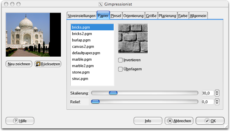 Eigenschaften (Papier) für das Filter GIMPressionist